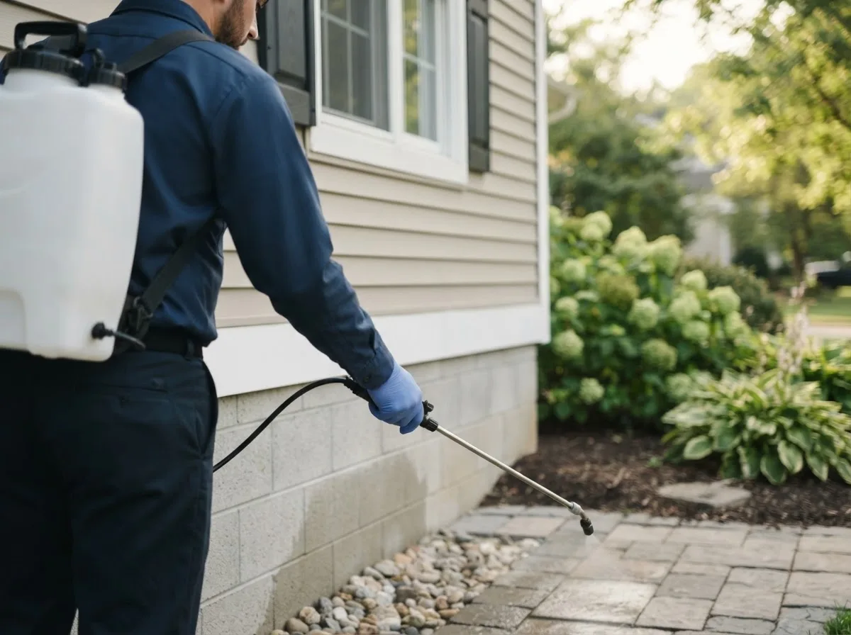 Pest control technician inspecting a home in Utica, MO
